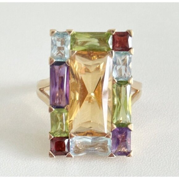 14K Solid Yellow Gold Multi Gemstone HUGE Large Statement Cocktail Ring Size 11 - Picture 1 of 11